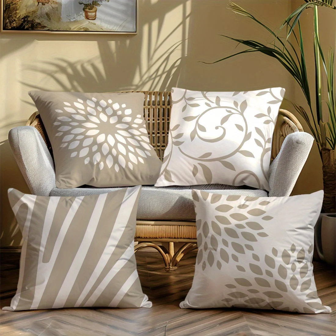 Juego  4 fundas  almohada florales | Estilo minimalista morno con patrones geométricos marrones claros, ial para la co