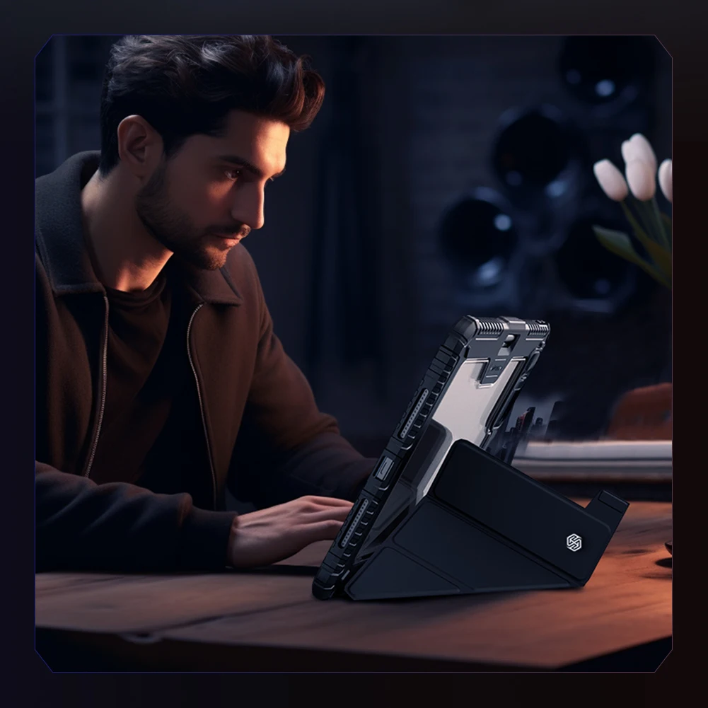 NILLKIN لهاتف Apple IPad Pro 11 2024 حافظة جلدية قابلة للطي غطاء كاميرا منزلق مع حامل خلفي مقاوم للصدمات من البولي كربونات الصلبة + واقي من البولي يوريثان