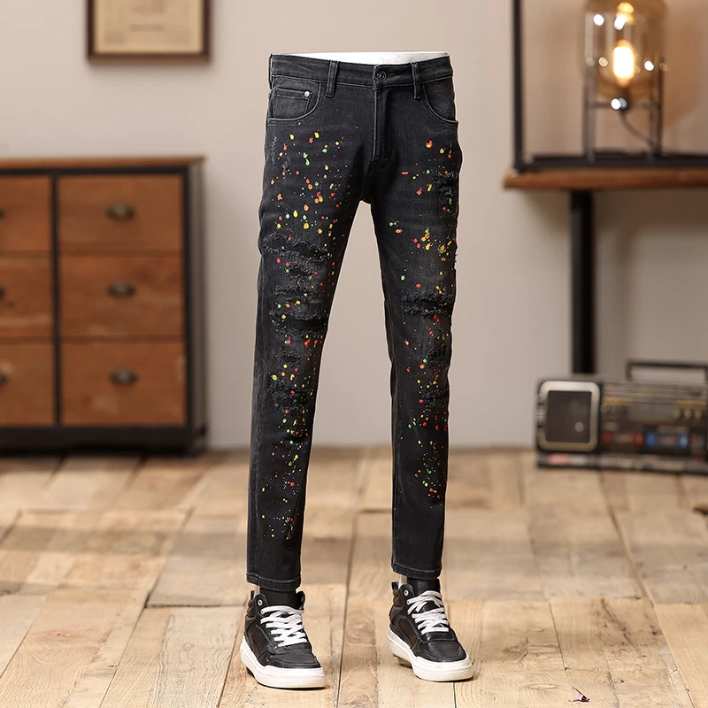 Motorcycle Trousers Men's Street Paint Design Personality Straight Trendy Casual Fashion Black Gray Ripped Jeans Men