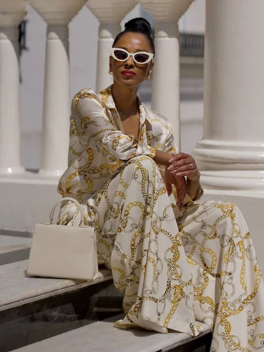 Marthaqiqi Winter Ladies Nightgowns Suit Long Sleeve Pajamas Sexy Turn-Down Collar Sleepwear Pants Printing Female Nightwear Set