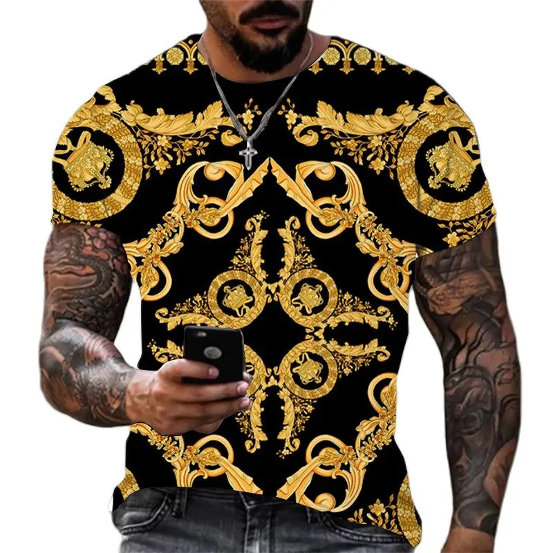 Luxury Baroque Style 3D Print Men\'s T-shirts Fashion Round Neck Short Sleeve Loose Tops Tees Oversized Men Clothing 6XL 2023 New