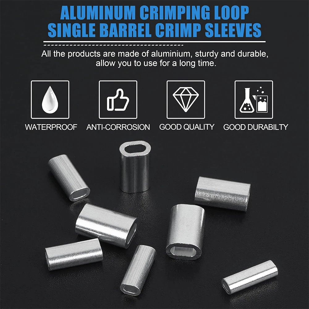 50Pcs Fishing Aluminum Crimp Sleeves Single Barrel Crimp Sleeves Oval Crimping Loop Sleeve for Wire Rope Fishing Line Connector