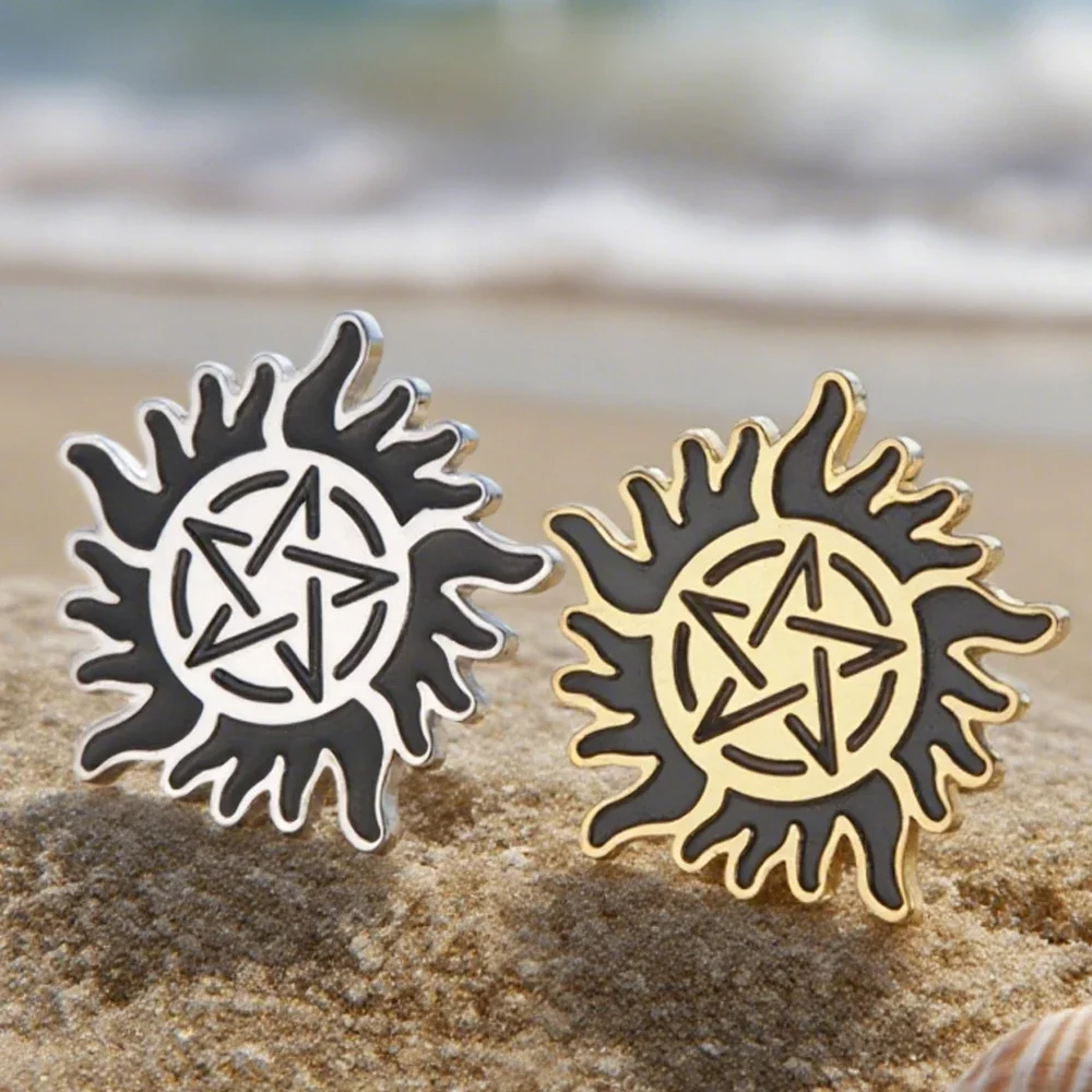 1pc Flame Sun Pentagram Brooch Stainless Steel Smearing Craft Supernatural Anti Evil Sun Symbol Brooch