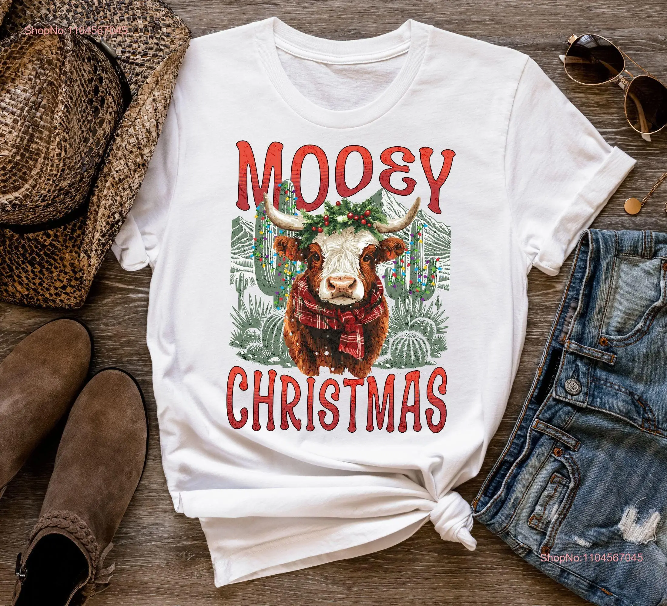 Funny Mooey Christmas Cow T Shirt Western Xmas Holiday Heifer Cows Heifers s Cacti long or short sleeves