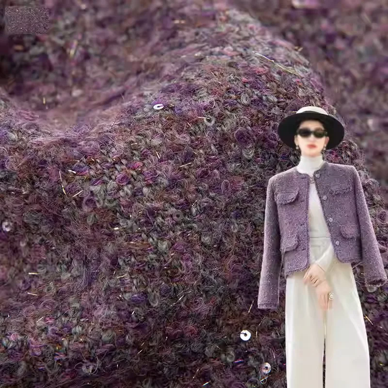 

Фиолетовая твидовая ткань с пайетками и махровой отделкой, окрашенная в массе, для зимних курток, платьев, костюмов, пальто, материал для шитья своими руками