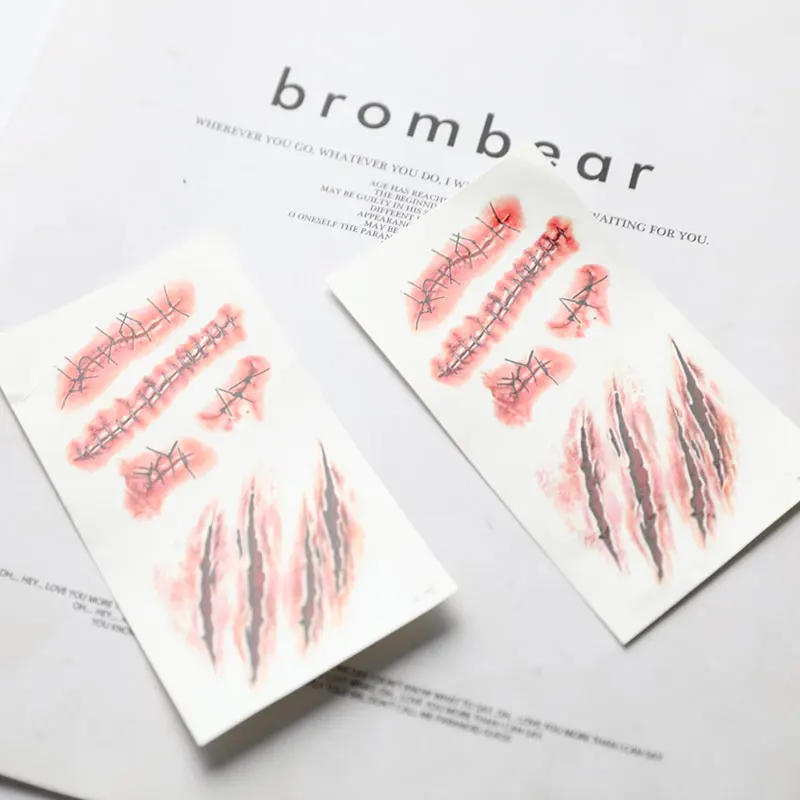 Halloween Bleeding Wound Tattoos - Simulation Zombie Scar/Suture Stickers (Horror Fake Blood Decals)