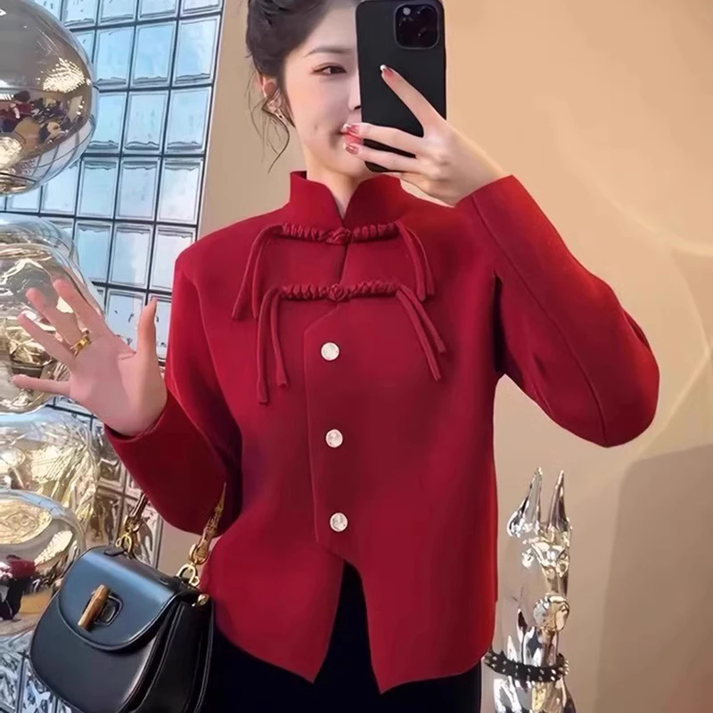 Vintage Red Chinese Style Knitt Coat Y2K Women Autumn 2024 New Button Vertical Collar Cardigan Sweater Female Winter Fashion Top