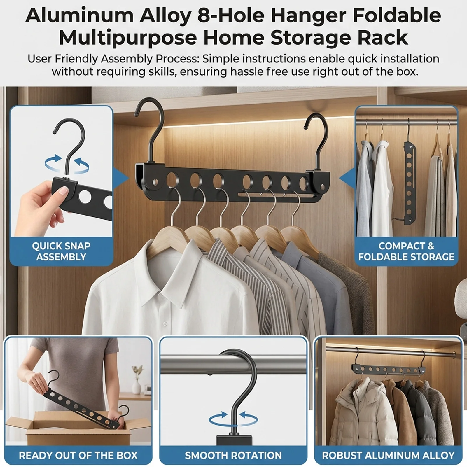 8-Hole Hanger Organizer Rack  Aluminum Alloy Foldable Space Saving Multi-functional Closet Wardrobe Cloth Hangers Storage Rack view 5