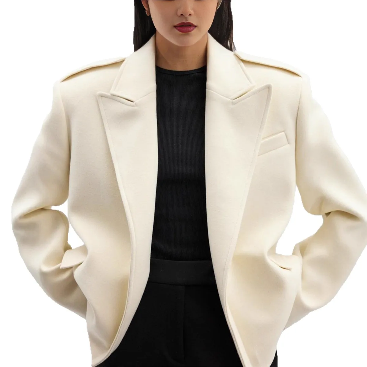 سترة نسائية للخريف من الصوف بلون واحد وياقة على شكل طية صدر وأكمام طويلة وجيب معطف نسائي دافئ للتنقل اليومي ملابس خارجية للإناث #5