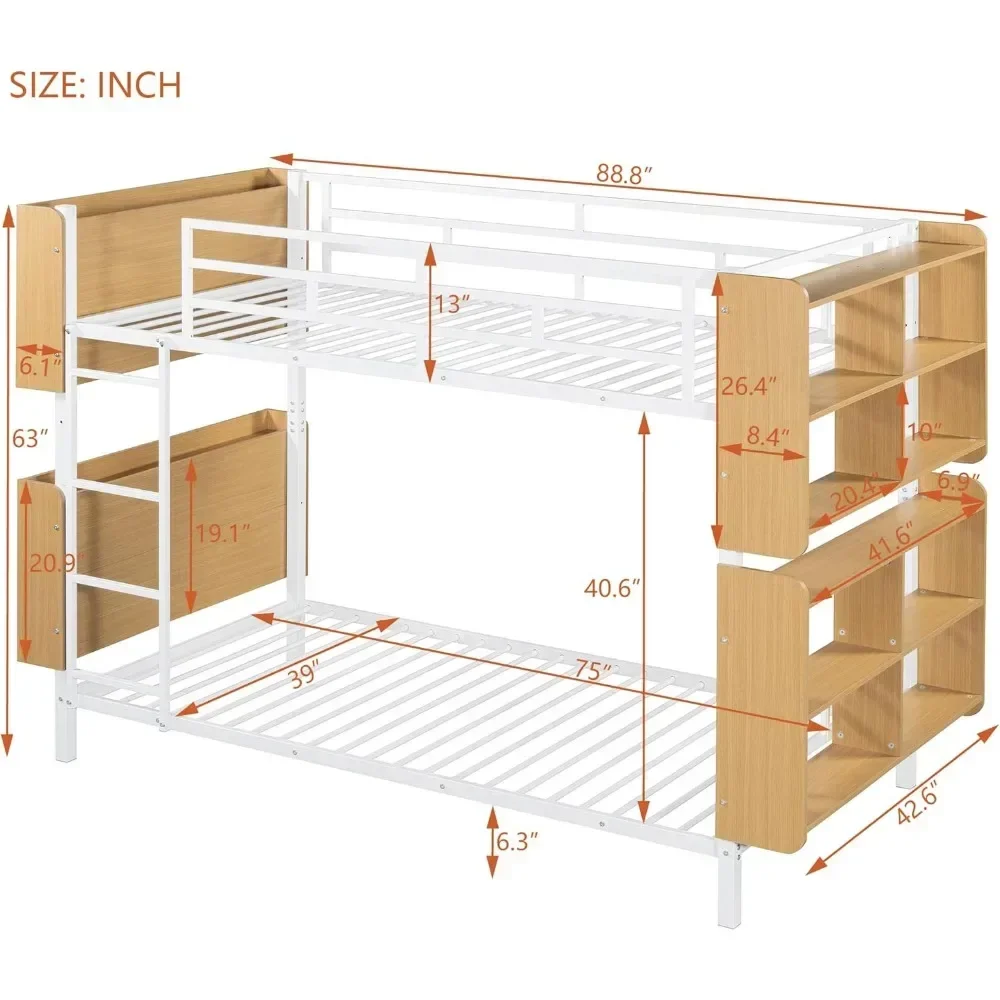 Twin Bunk Bed with Wooden Headboard and Storage Footboard, Convertible To 2 Separated Beds，Metal Bunk Bed Frame