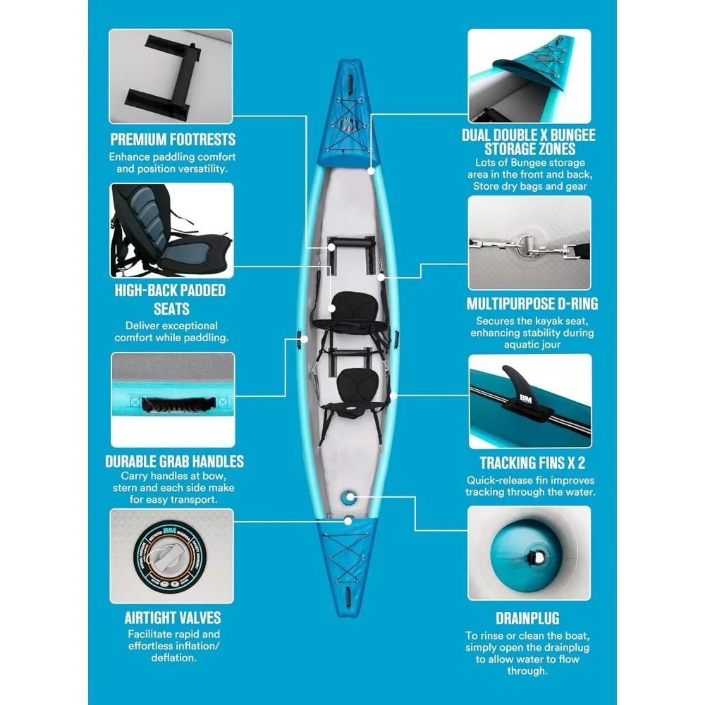 Kayak tiup 2 orang dewasa Drop Stitch Kayak Tandem | Dengan dayung aluminium, kursi, pijakan kaki, pompa, sirip, Explorer 13.77ft