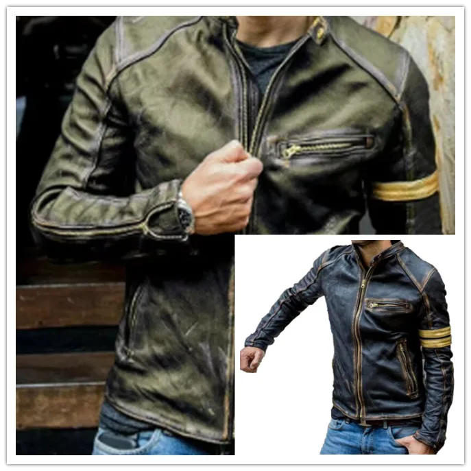 

Мотоциклетная кожаная куртка Cafe Racer, мужская черная байкерская винтажная классическая байкерская куртка-авиатор, осенние пальто