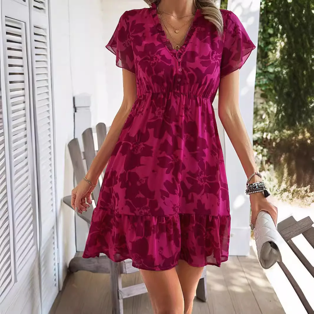 Vネックワンピース 2025春夏新作 高級感 ライトラグジュアリー 半袖 ミディアム丈 プリントワンピース 細見え カジュアル ビーチワンピース