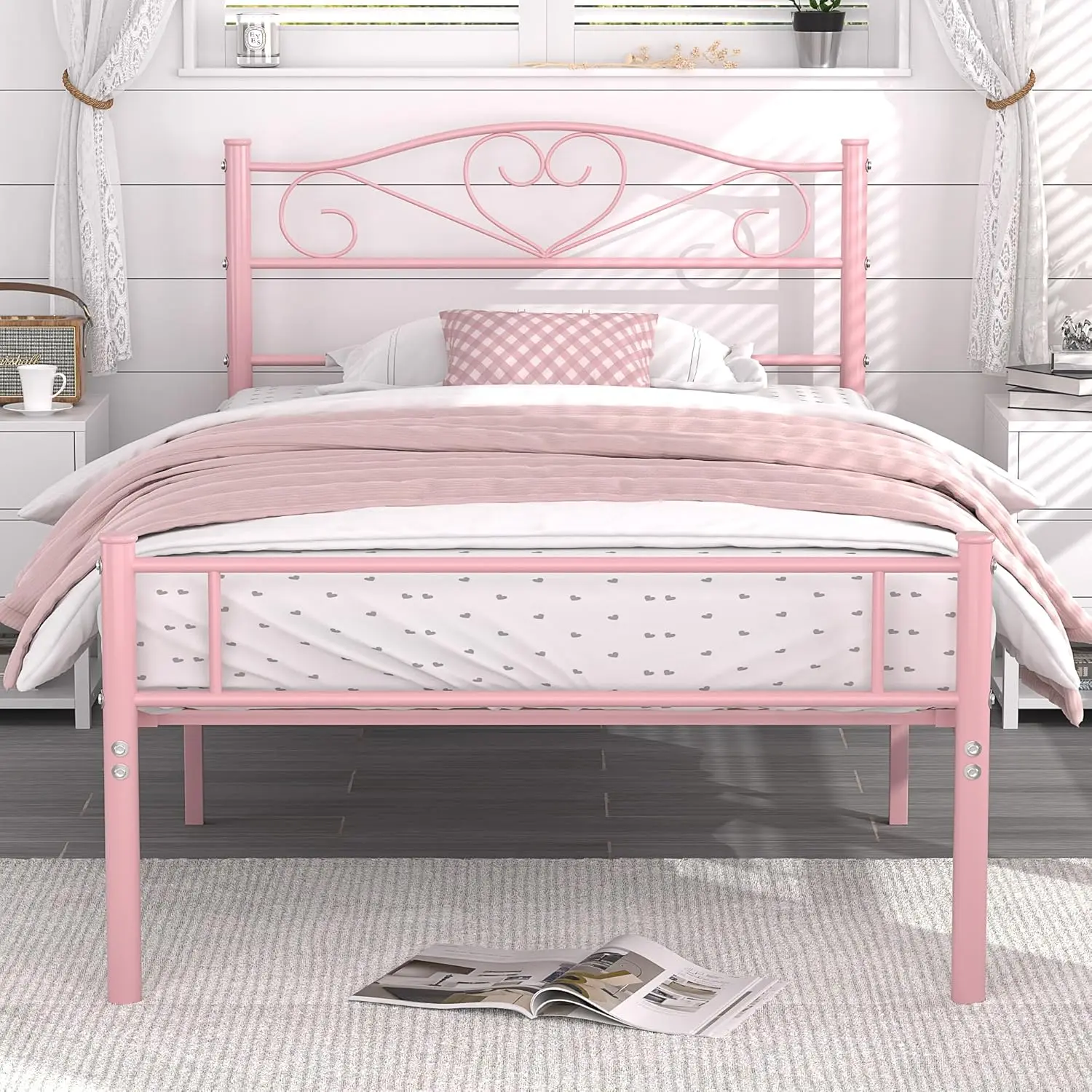 

Pink Twin Metal Platform Bed Frame with Headboard, Heavy Duty Support, No Box Spring Needed