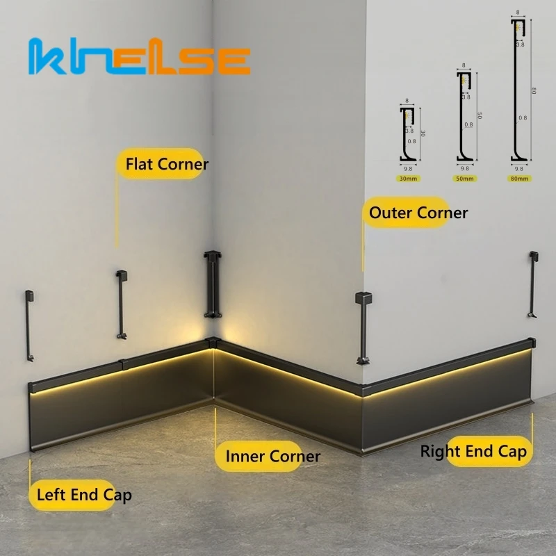 3pcs H3/5/8cm Thin LED Skirting Line Accessories Aluminum Channel Connector Baseboard Bar Light Internal External Corner End Cap
