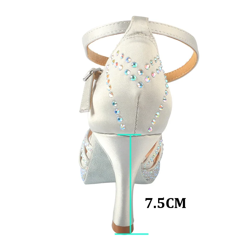 Wedopus Scarpe da ballo latino Piattaforma Flash Strass Pelle brillante Raso grigio Donna Salsa Scarpe da ballo per feste Tacco cubano 7,5 cm