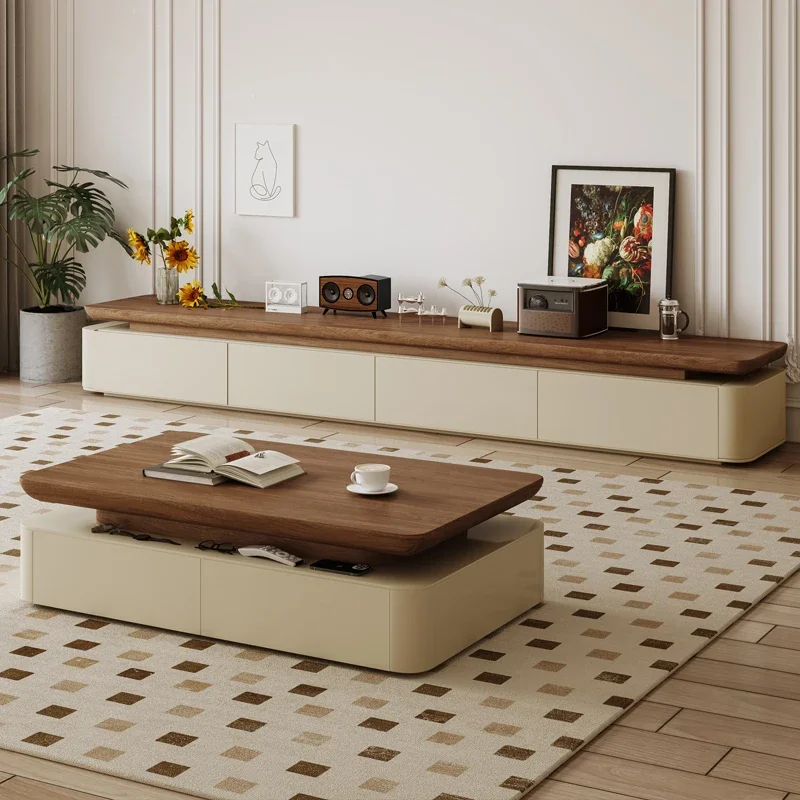 

Nordic cream walnut paint living room small apartment drawer storage rectangular coffee table TV cabinet 2 meters