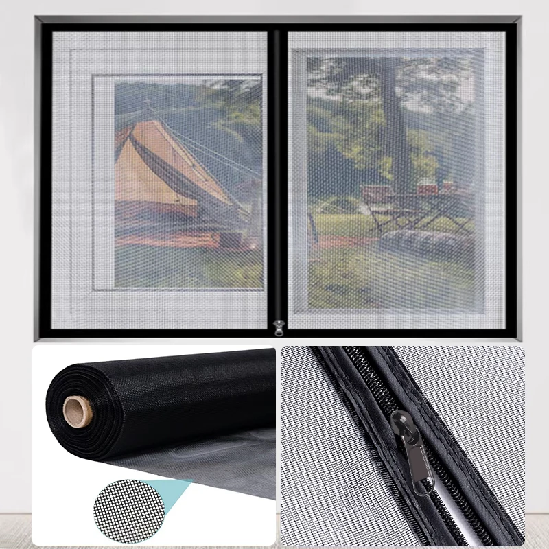 Black zipper mosquito screen window,household invisible mosquito net,insect proof, self installing without punching holes，summer