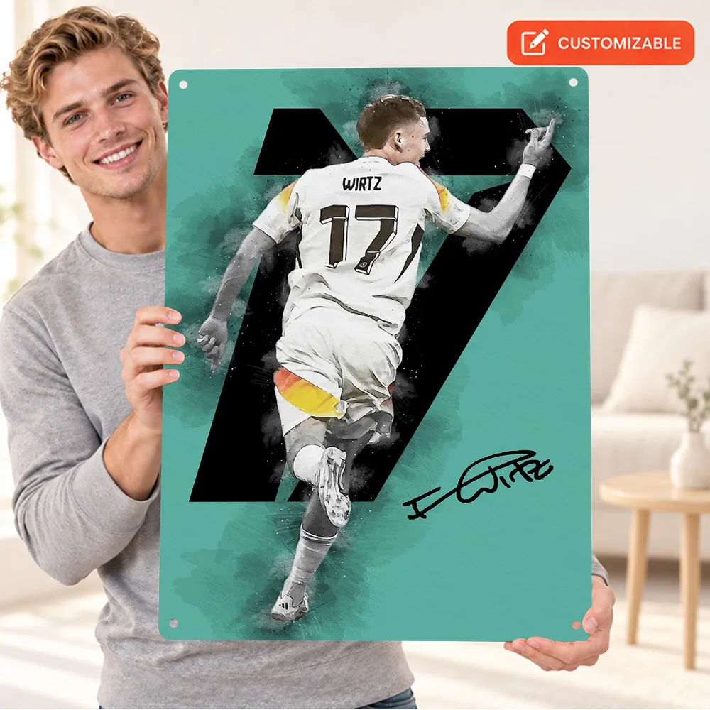 Florian Wirtz Football Kick Textured Metal Poster Personalized Aluminum Sign White Jersey Running Wall Art For Sports Lounge