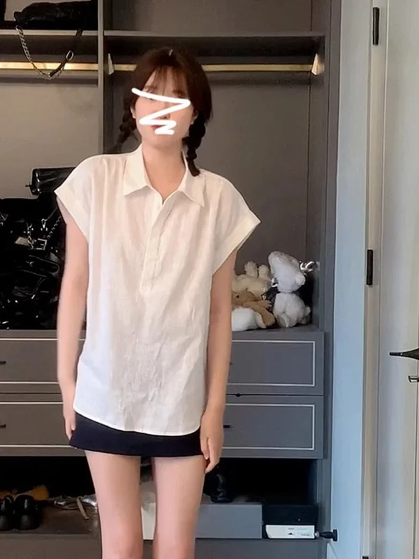 

2025 New Korean Sle Women's irt ort Sve Loose Fit Collar Casual Lazy Sle Top Slimming Effect Summer Faion