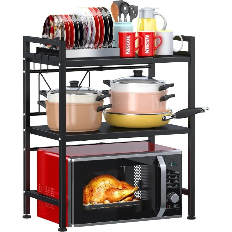 

Microwave Oven Rack, Adjustable Heavy Duty 3-Tier Shelf with 3 Hooks for Kitchen Counter Top Organizer, Holds 160lbs, Bla