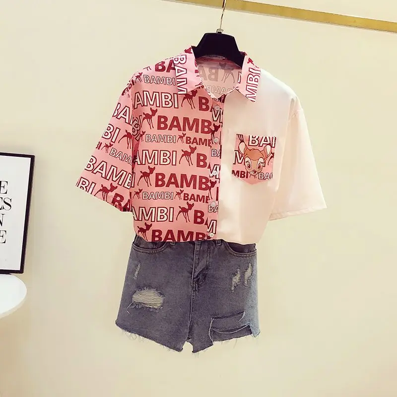 Contrast Floral Blouse Summer New Polo Neck Short Sleeve Loose Printing Youth Trend Shirt Tops Fashion Vintage Women Clothing
