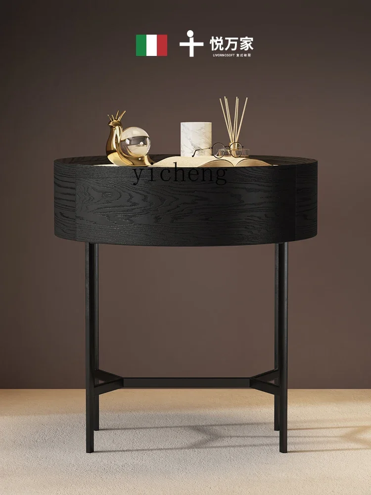 HYP  Minimalist round Bedside Table Stone Plate Light Luxury Solid Wood Bedside Cabinet