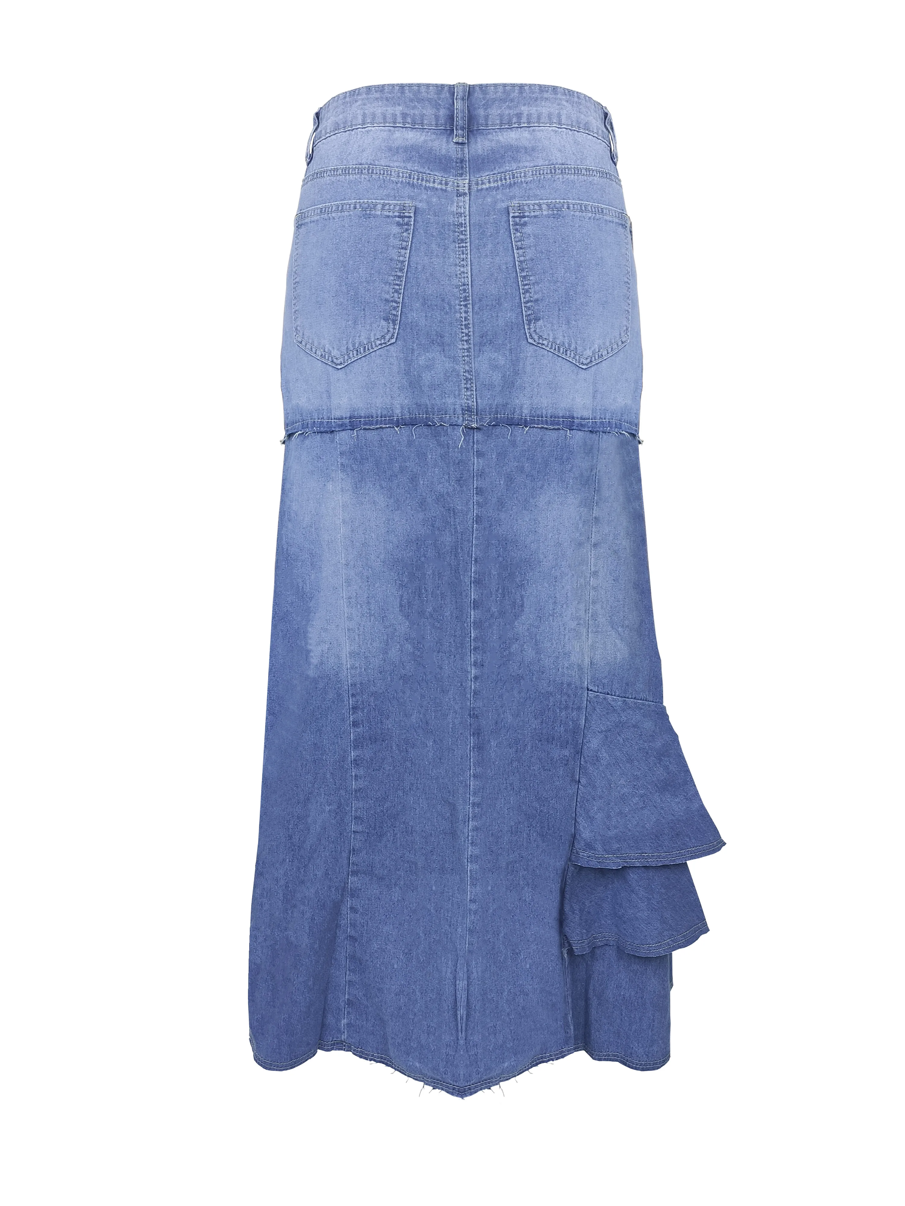 Women Denim Maxi Skirt High Waist Vintage Washed Patchwork Frayed Ripped Irregular Ruffle Mermaid Long Jean Skirt Streetwear - view 3