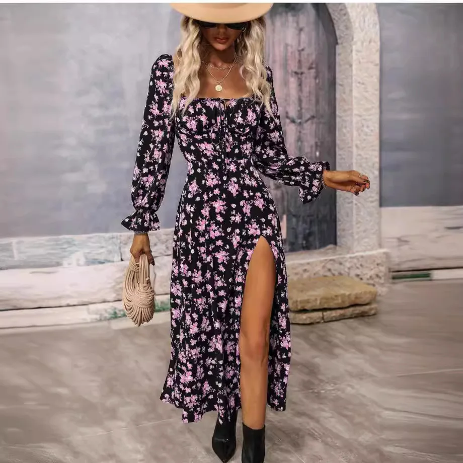 

Trendy Women's Floral Printed 2024 Spring Dresses Square Neck Long Sleeve Sexy Vent Dress For Women Elegant Style Robe Femme
