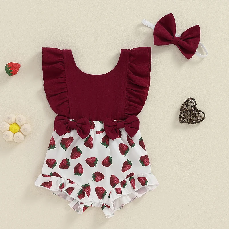 

Baby Girls Sweety Ruffles Rompers Strawberry Print Patchwork Fly Sleeve Bodysuits with Headband Summer Clothes Sunsuits