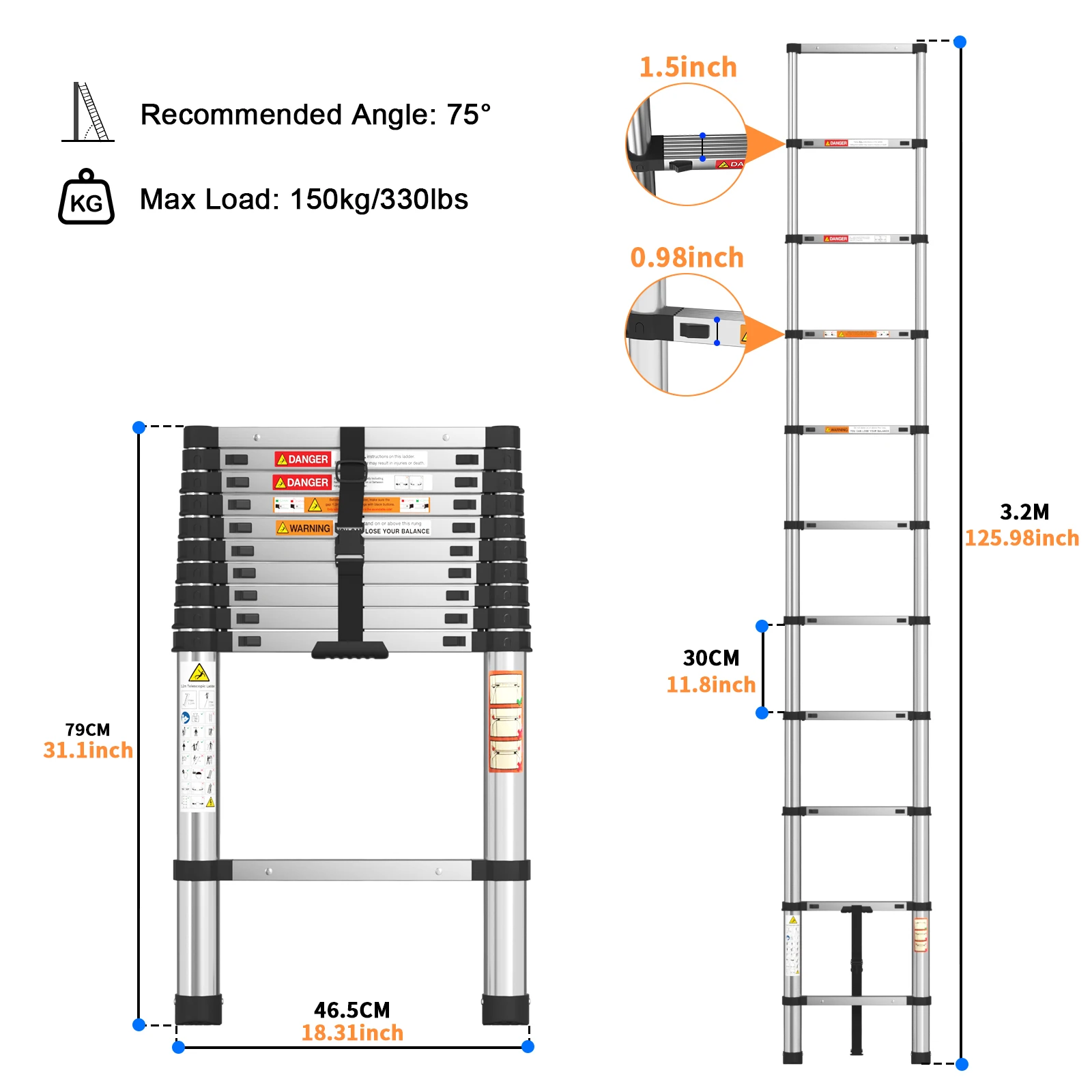 Telescopic Ladder 10.5 FT 3.2M Multi-Purpose Stainless Steel Extendable with Anti-Slip Feet,EN131 Portable Sturdy Loft Ladder