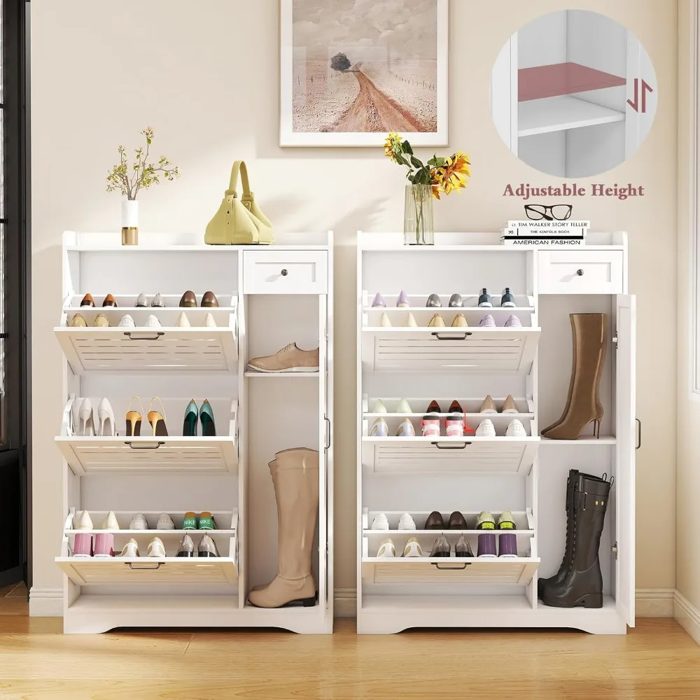 خزانة أحذية مدمجة مع 3 أدراج قابلة للطي، وأرفف قابلة للتعديل، ورف أحذية بباب لتنظيم المدخل والخزانة
