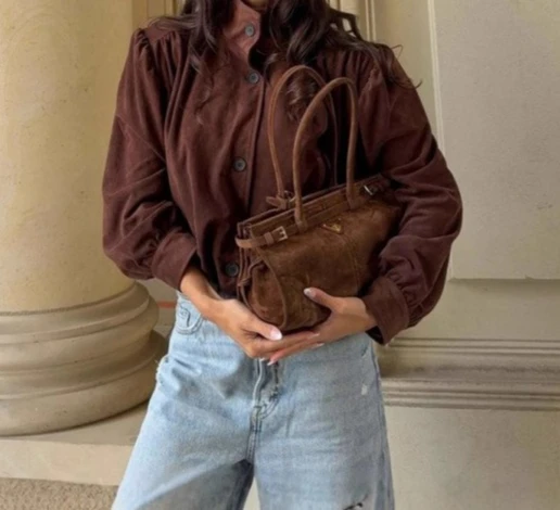 

Pullover Pleated Single-button Merlot-colored Short Women's Suede Jacket with A Stand Collar Leather Jacket Women