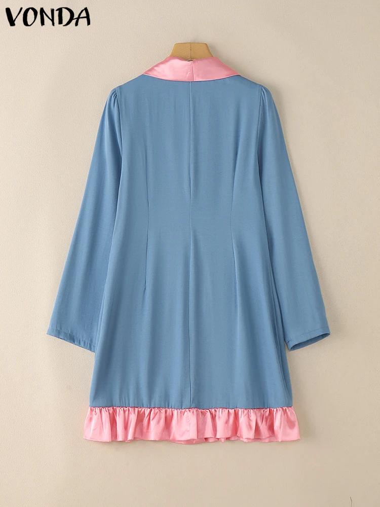 VONDA Mode Mini Kleid Frauen Langarm Farbe Patchwork Casual Party Kurze Vestidos 2026 Revers Frühling Rüschen Elegante Robe
