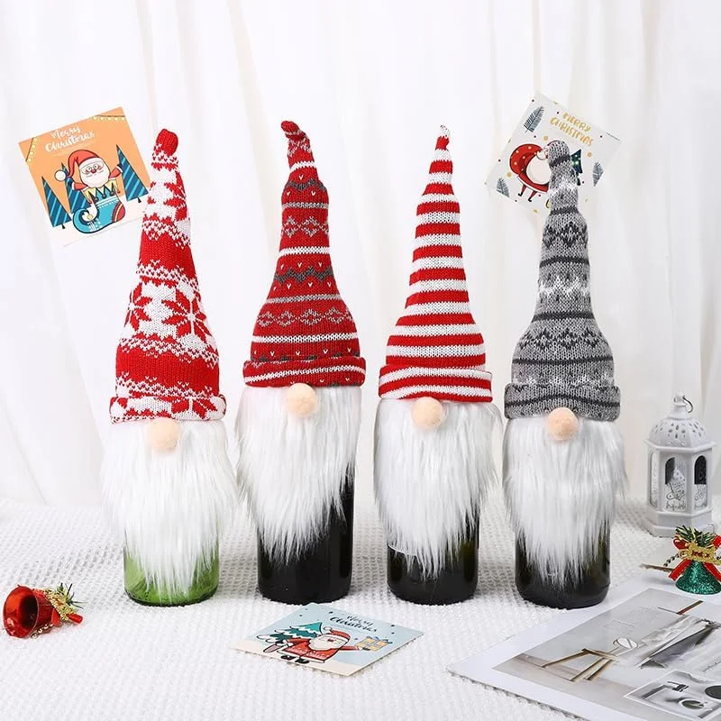 4Pcs Christmas Plush Gnomes Wine Bottle Toppers Knitted Tomte Christmas Bottle Covers Decorative For Xmas New Year JAF288