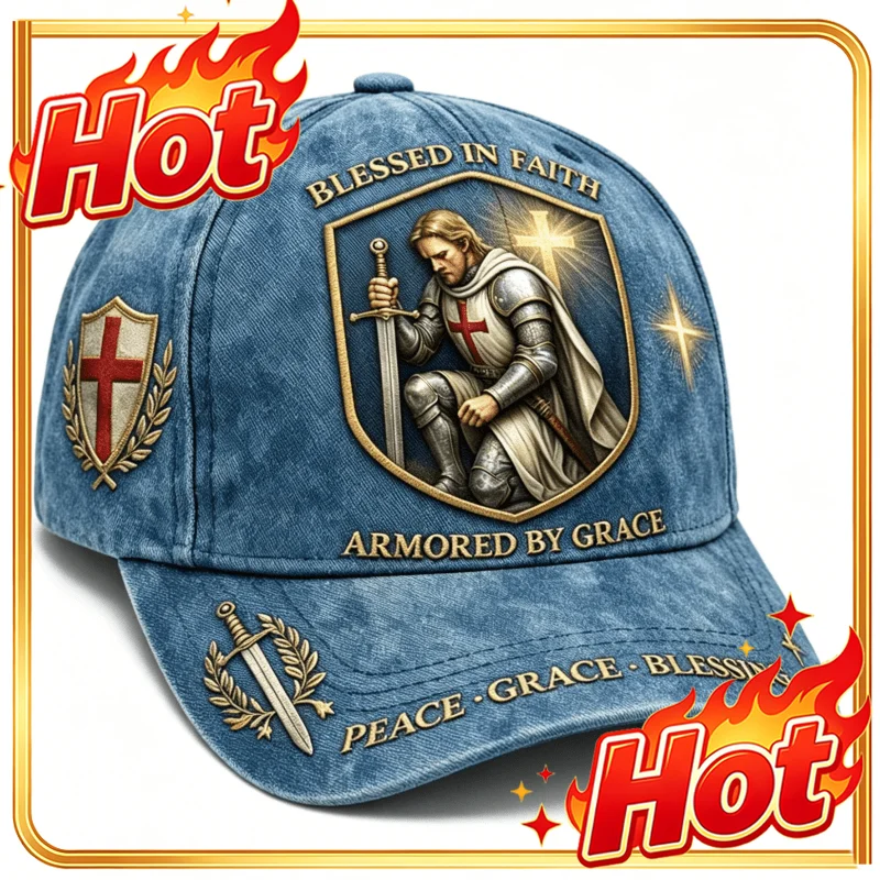 Custom Washed Denim Adjustable Baseball Cap Kneeling Templar Knight Cross Shield Laurel Blessed in Faith Armored by Grace