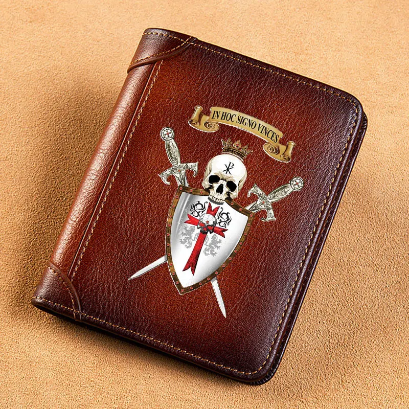 High Quality Genuine Leather Men Wallets Knight Skull In Hoc Signo Vinces Printing Short Card Holder Purse Billfold Men's Wallet