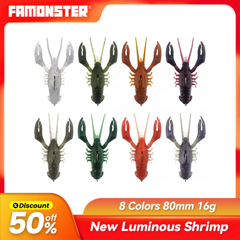 

Famonster Fishing Lure Silicone Luminous Shrimp Soft Bait Glow Hooks Artificial Wobblers jigging Pike Bass Winter