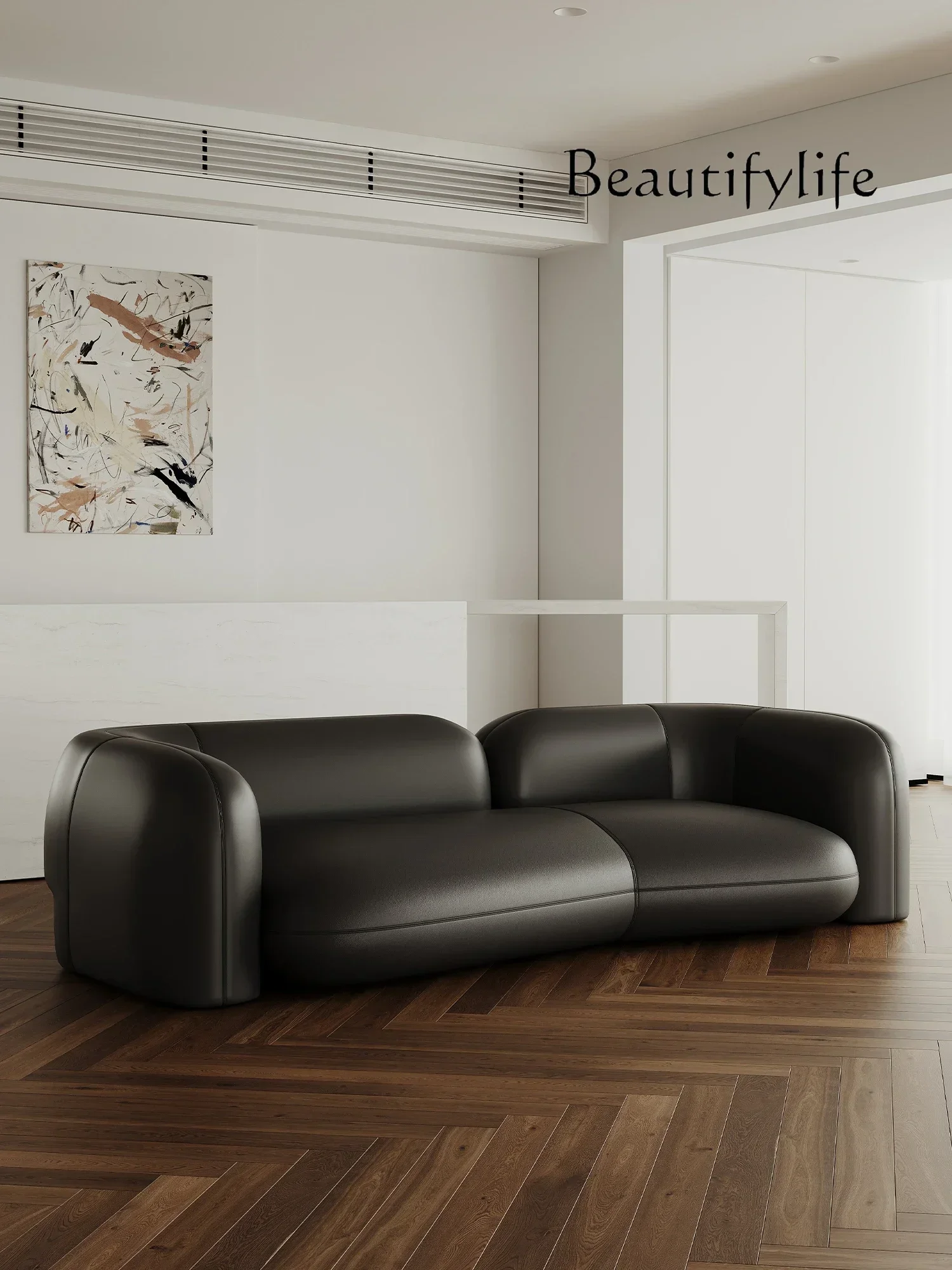 

Retro Leather Sofa Matte Leather Modern Simple Four-Seat Shaped First Layer Cowhide Black