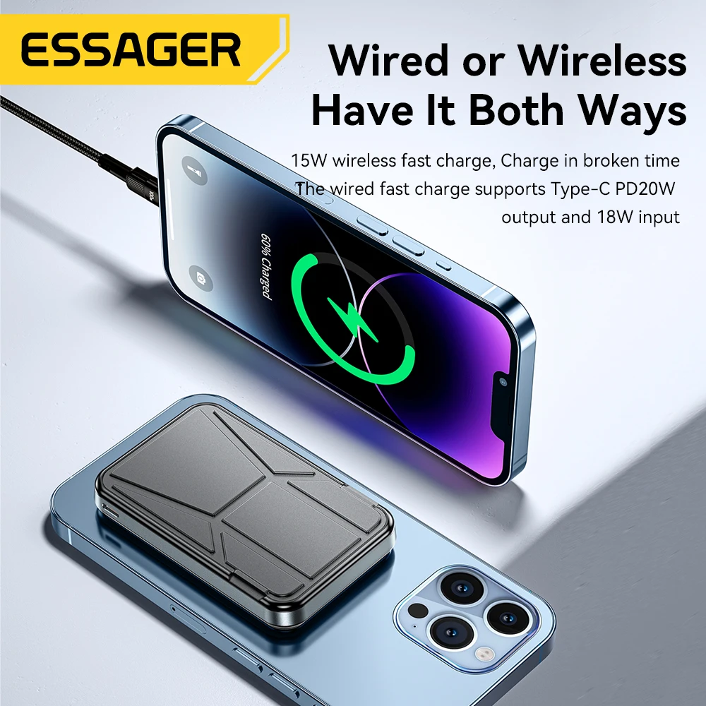 Imagem -02 - Essager 20w Carregamento Magnético sem Fio 10000mah Mini Banco de Potência com Suporte do Telefone para Iphone 14 13 12 Pro Max Magsafe Banco de Potência