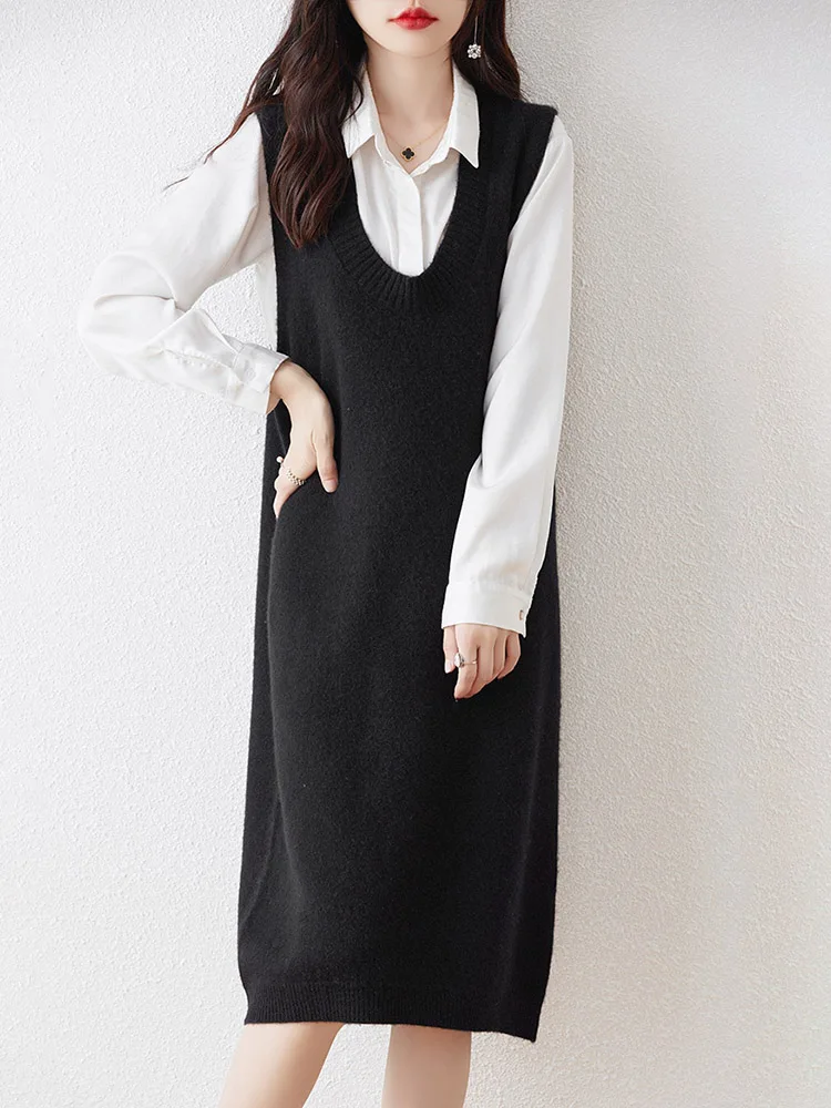 

Spring Autumn U-Neck Woolen Vest Dress Women Elegant Long Waistcoat Sweater 100% Merino Wool Loose Casual Lady Knitted Dress