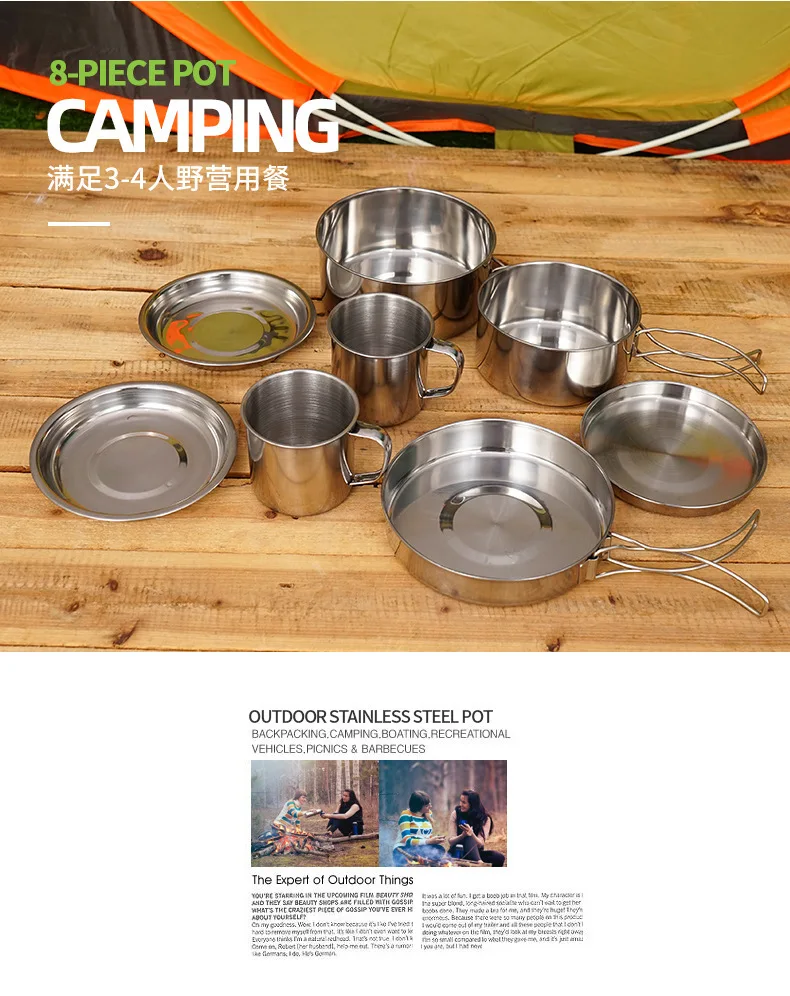 

Outdoor Stainless Steel 8-piece Pot Set Mountaineering Camping Portable Set Bowl BBQ Pot 5-6 People Folding Combination Set
