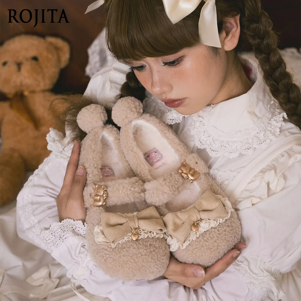 الخريف والشتاء فروي لطيف Bowknot حذاء فردي مع الدب الذيل الديكور لوليتا الشتاء الصوف لطيف حذا فردي للسيدات أحذية امرأة #2