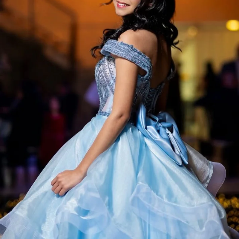 Simple blue Quinceanera Dress off-shoulder Lace layering glitter crystal decal Tull Bow vestidos de 15 Quinceanera ﻿Customized