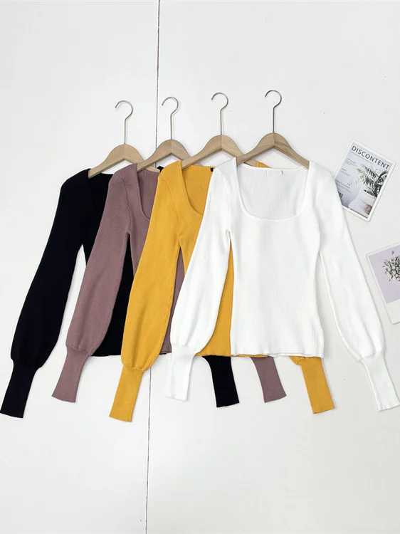 

Faionable C2 Square Collar Knitted Straight Tube Sweater Women's Vintage Sle Trendy Color Top Spring New Arrival