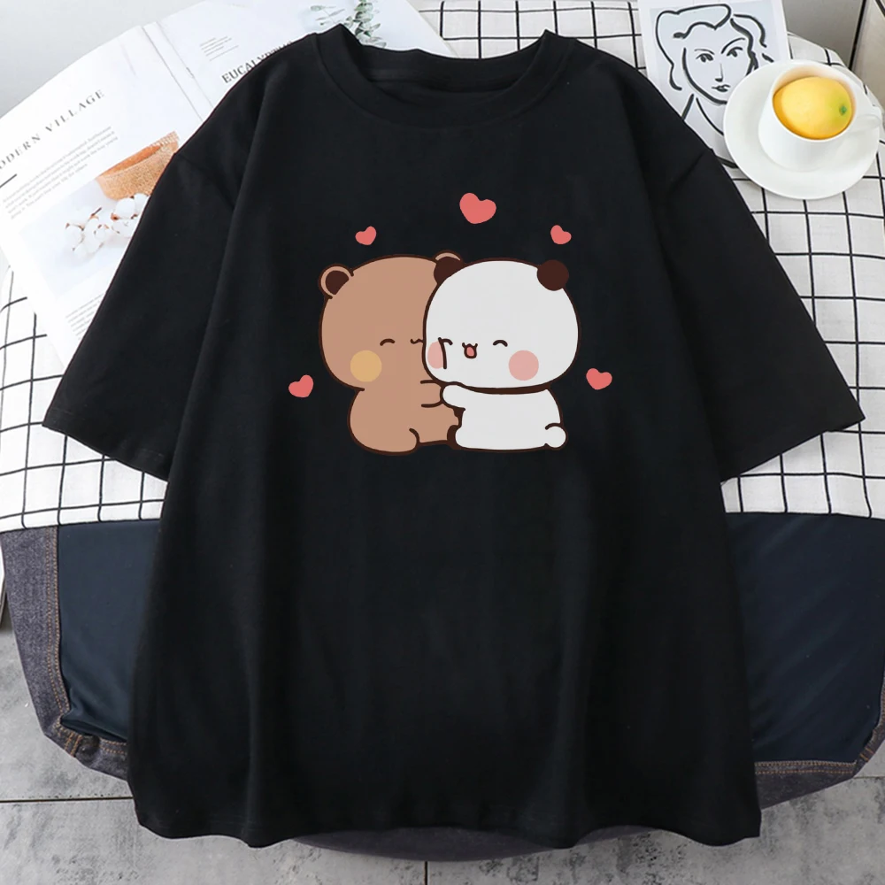 Panda Bear Bubu and Dudu Cute T Shirt Oversized EU Size 100% Cotton Women Tops Cartoon Print Pink Tees O-Neck Anime Korean Style