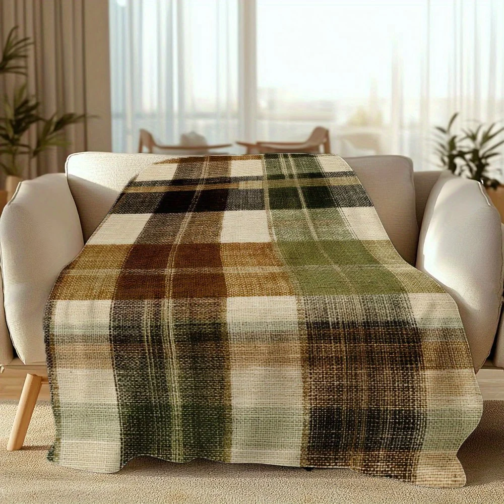 1pc Vintage Plaid Flannel Blanket - Green and Brown Mix, Soft Lightweight Foldable All-Season Use for Sofa Home Decor, Patchwork