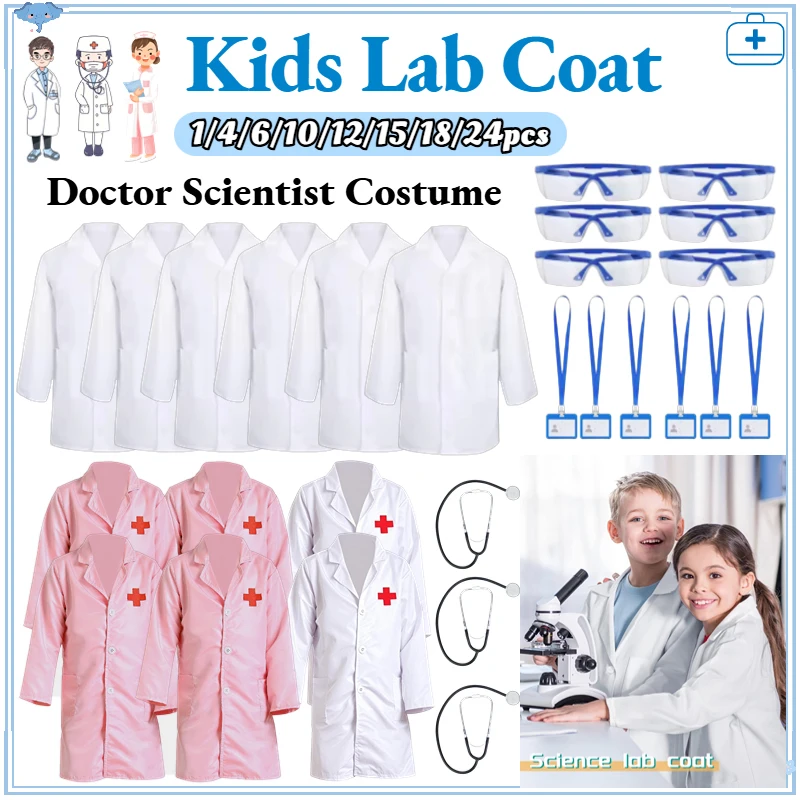 1-24Set Unisex Lab Coat for Doctor Scientist Lab Robes Cosplay School Birthday Party Gift Halloween Costume Role Play