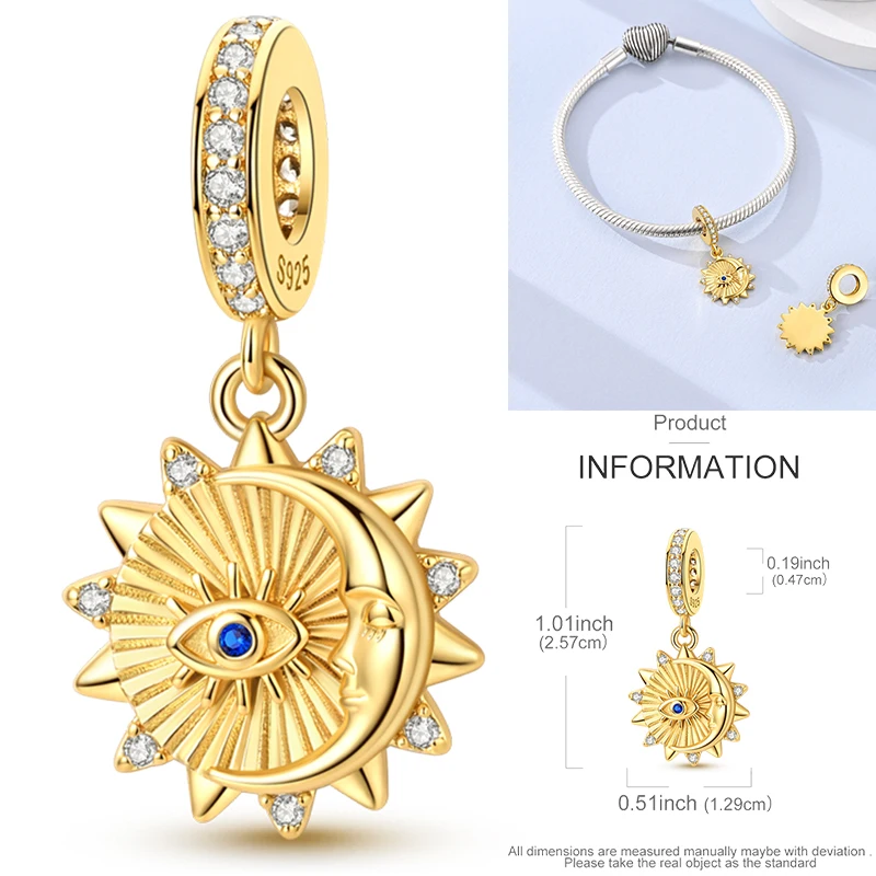 925 Sterling Silber Sonne Sternenhimmel Charms Serie Gold Sonne Sterne Mond Anhänger Passend für Armband DIY Schmuck Original Mode für Frauen – Detail 15