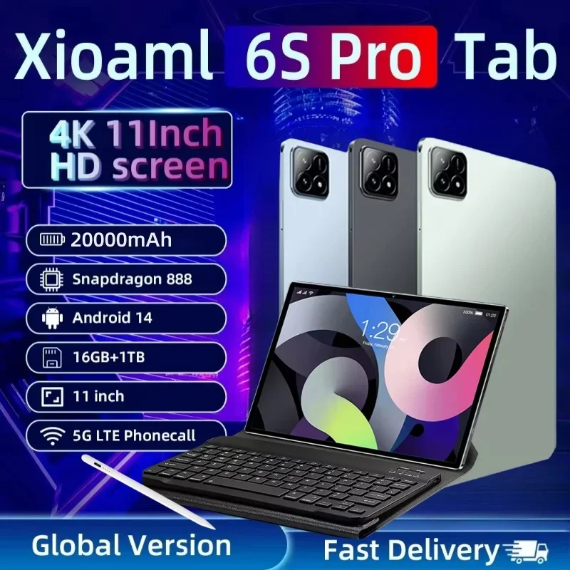 2024 Xioami 6S Pro Original Tablet, 11 Inch, 4K, 20000mAh, Android 14, 16GB +1TB, 5G, Dual SIM Phone, WiFi, GPS, Bluetooth Table